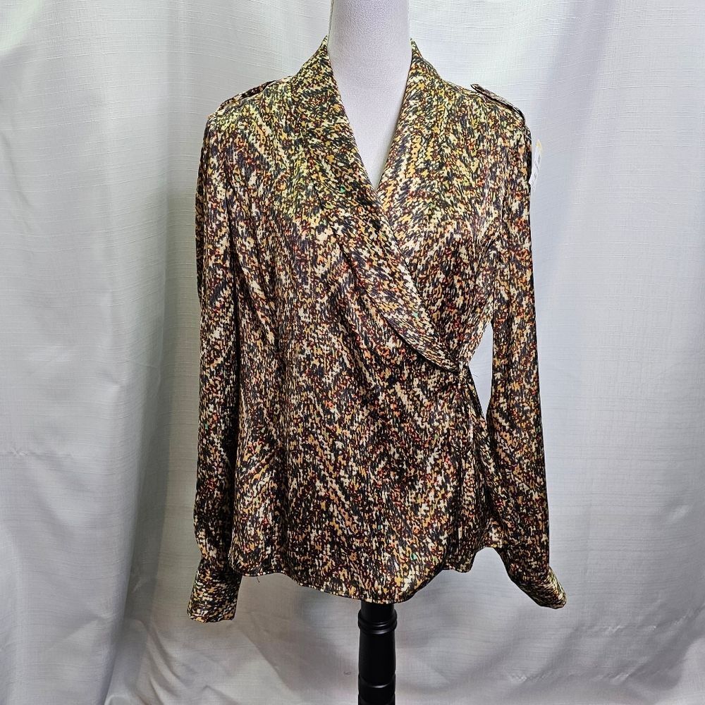 Jones New York Brown Print Satin Wrap Blouse Size Large
